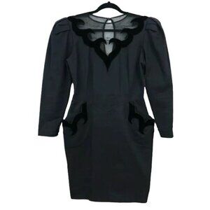 Isabel Allard Size 12 1980s Velvet Trim Puff Sleeve Tulip Dress Semi Sheer